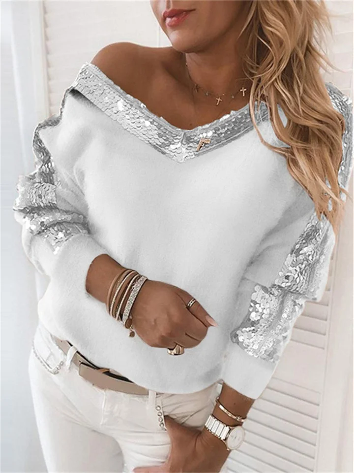 Autumn and Winter Solid Color Casual Pullover Women's Sequin Splicing Plush Long Sleeve Loose V-Neck Urban Casual Top