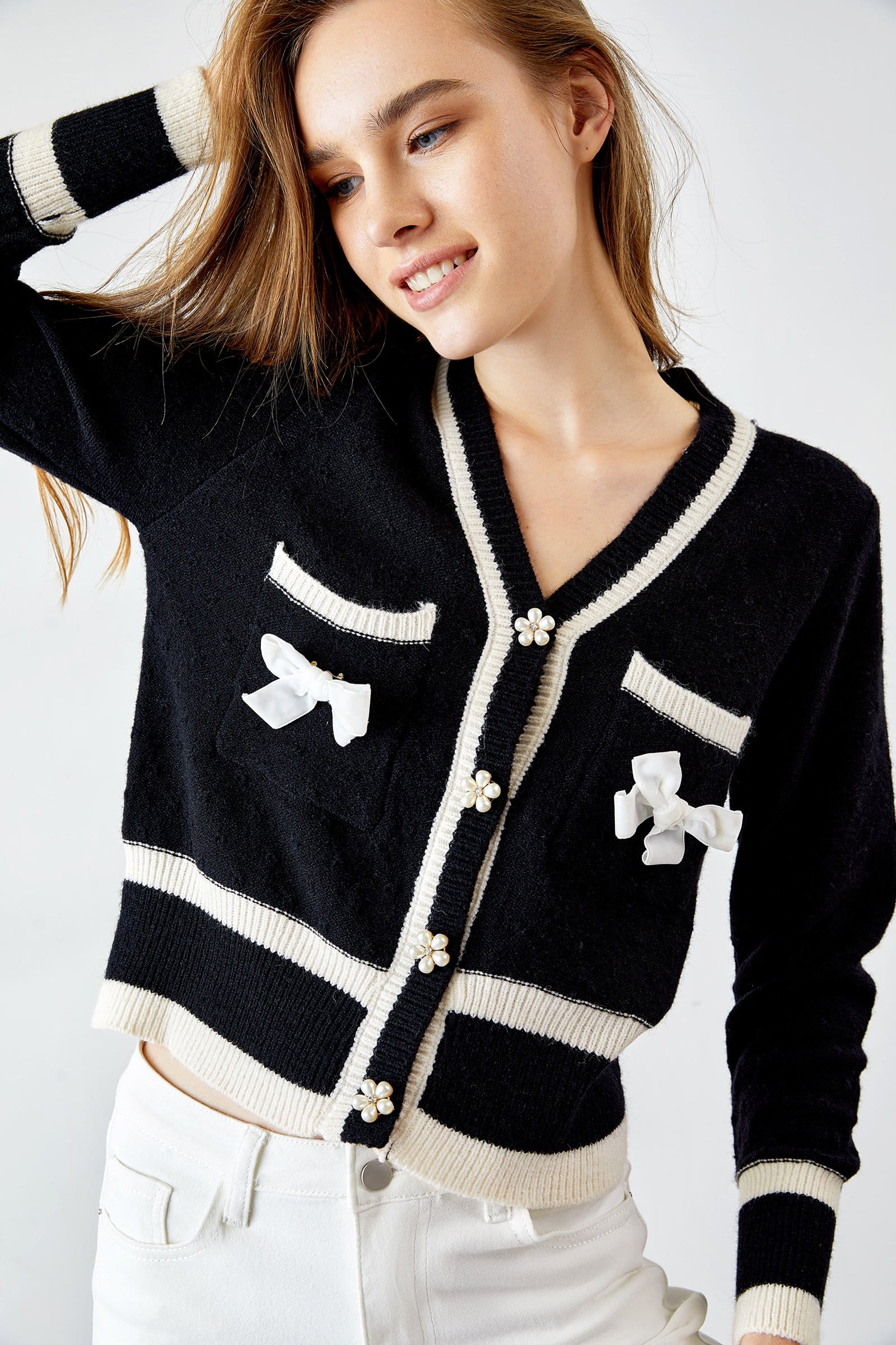 Calla Black Contrast Knitted Cardigan Sweater