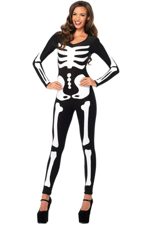 Womens Halloween Skeleton Halloween Jumpsuit Costume Black And White-elleschic