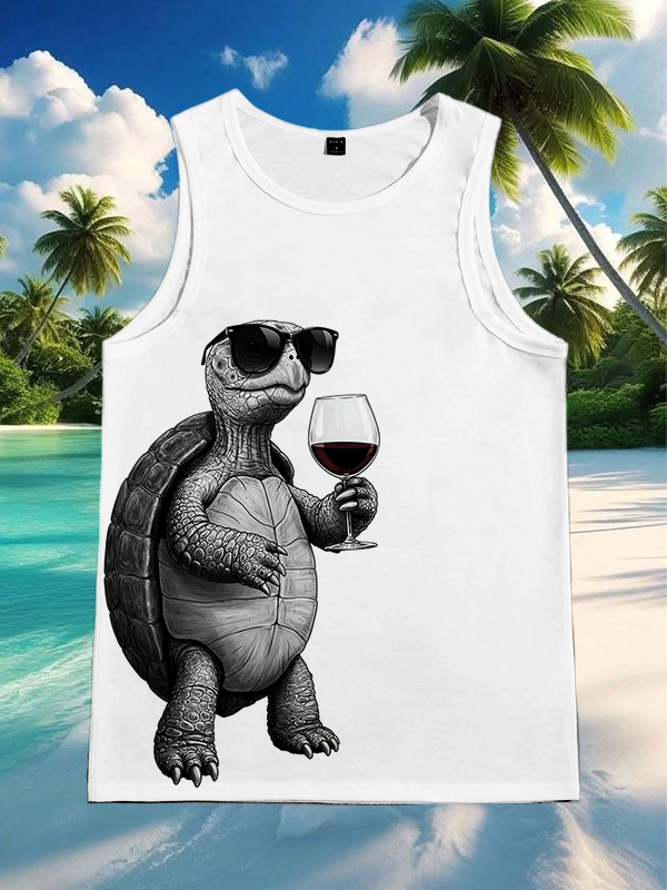 Men's Fun Vacation Turtle Drinking Art Print Tank Top
