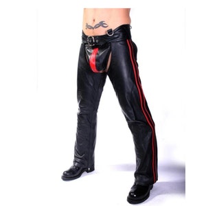 Exclusive Premium Men 100% Genuine Cow Leather Chap Rider Chaps In Black Color With Red Lines - Assless factory chaps - Leather Chaps - Chaps