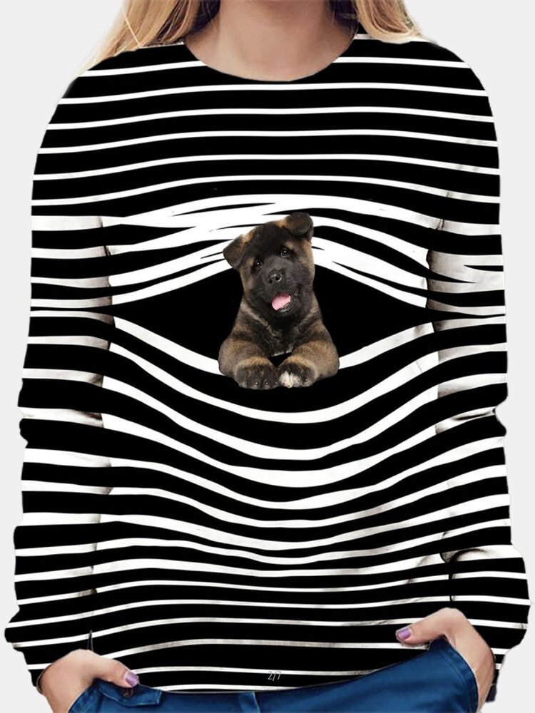 Stripe Dog Print Long Sleeve O neck Casual T shirt For Women P1772845