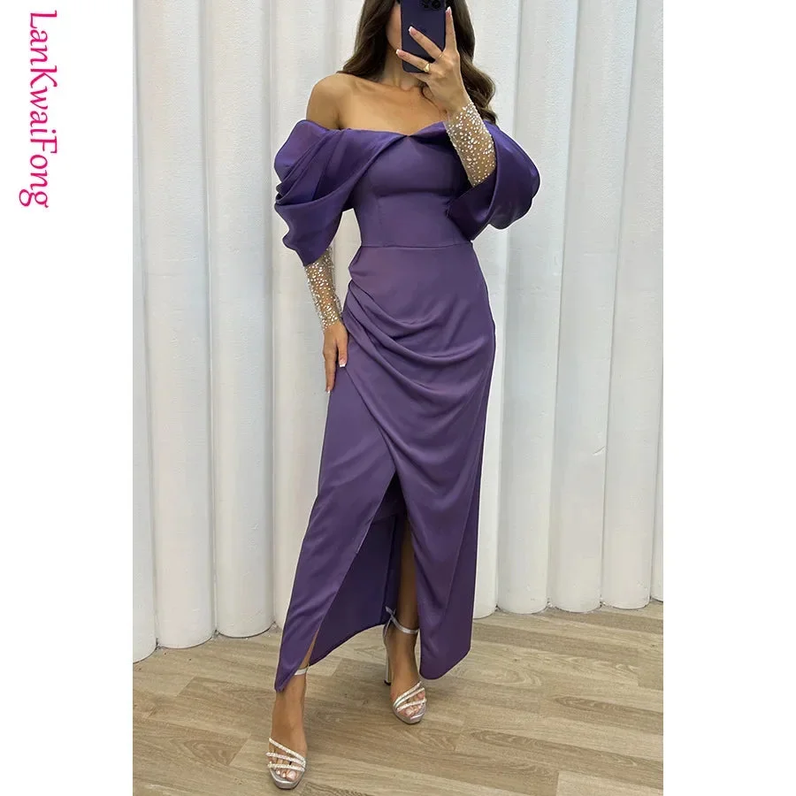 Tlbang 2023 Autumn/Winter New Party Fashion Dress Casual Loose Off Shoulder Mesh Long Sleeve One Line Neck Dress