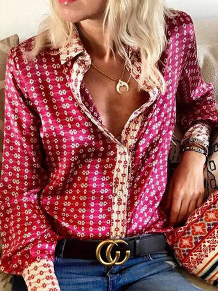 Print Patchwork Long Sleeve Casual Blouse For Women P1590111