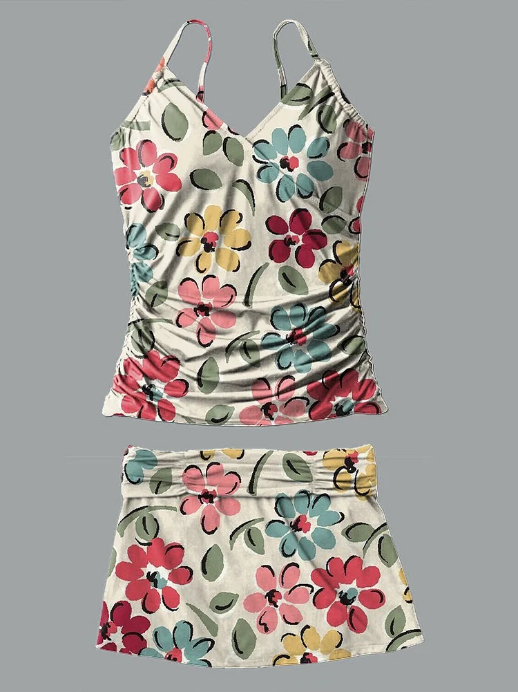 V-Neck Retro Flowers Art Print Halterneck Pleated Tankini Set Swimsuit socialshop