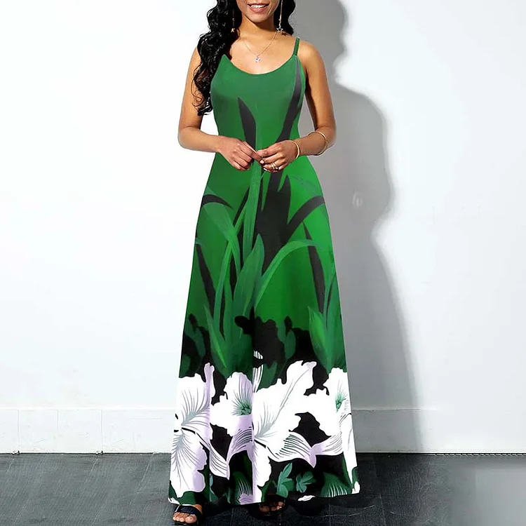 Vefave Sling Floral Leaves Green Maix Dress