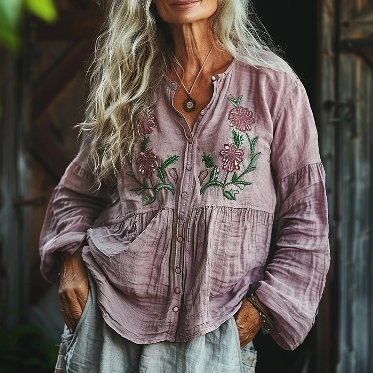 Women's Linen Casual Ethnic Floral Loose Shirt