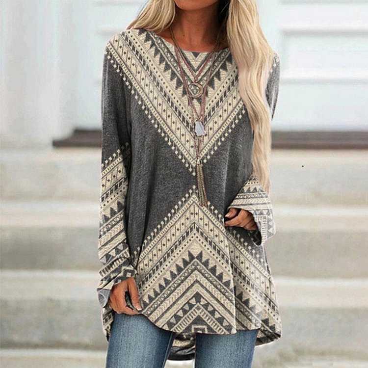 VChics Western Print Crew Neck Casual Tunic
