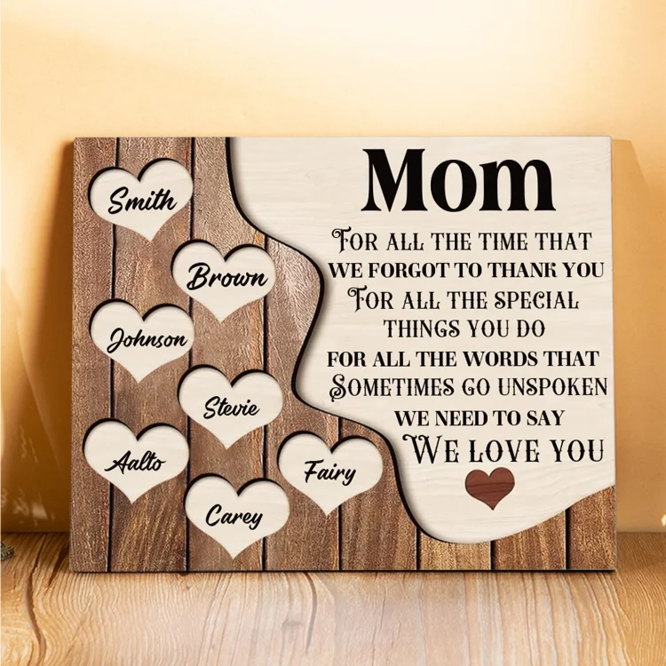 7 Names - Personalized Mom Wooden Plaque Custom Names Home Decoration Hearts Gift for Mother