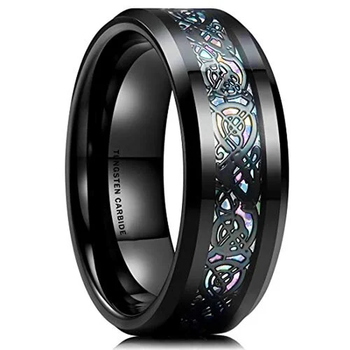 Women Or Men's Tungsten Carbide Wedding Band,Rainbow Opal Celtic Dragon Knot Mens Wedding Bands Rings,Black Band with Black Resin and Opal Inlay,Celtic Dragon Knot Tungsten Carbide Ring With Mens And Womens For 4MM 6MM 8MM 10MM