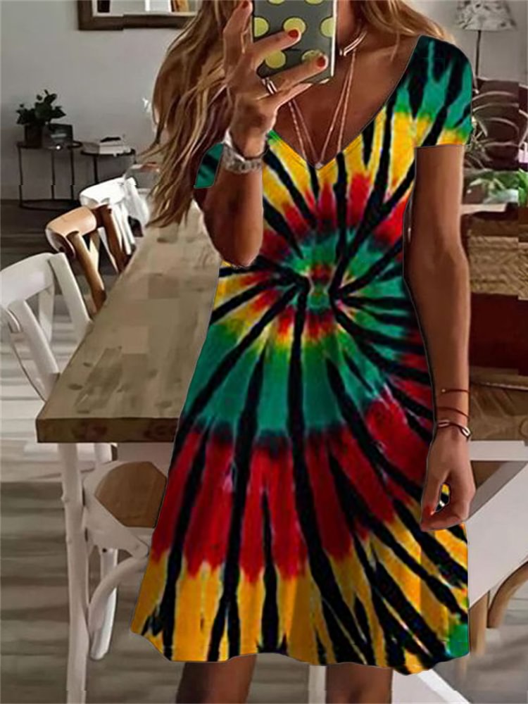 Black Pride Tie Dye V Neck Pleated Midi Dress