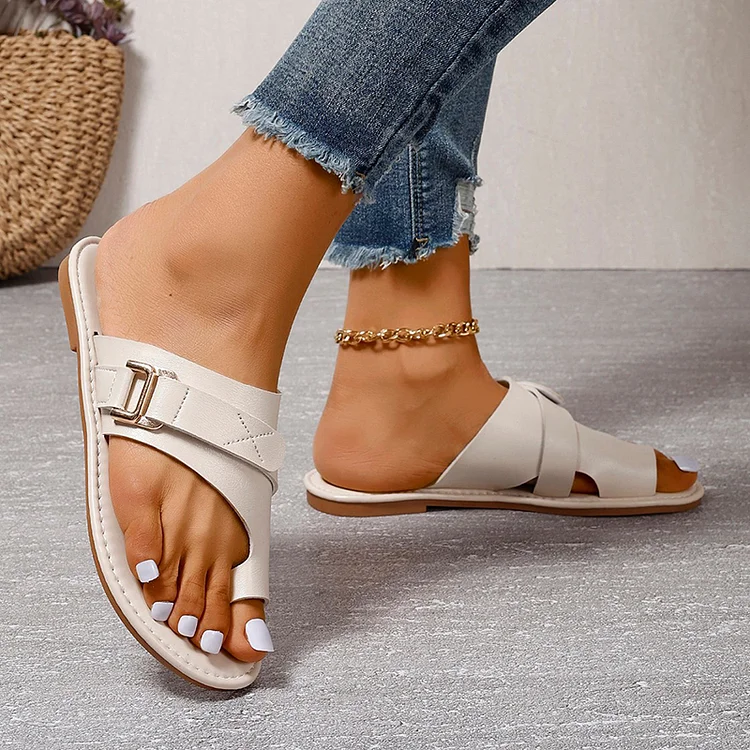 Buckle Decor Toe Ring Patchwork Stitch Detail Slippers