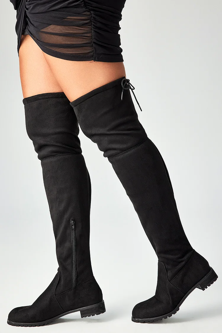Plus Size Casual Black Over Knee Flat Bottom Fluffy Rear Lace Up Boots