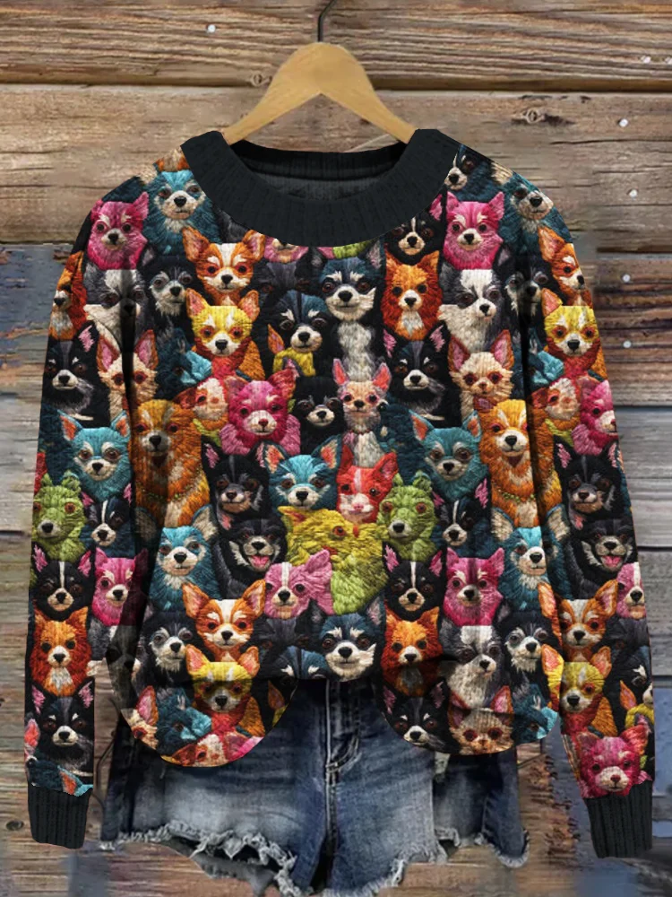 Cute colorful Chihuahuas Embroidery Art Comfy Sweater