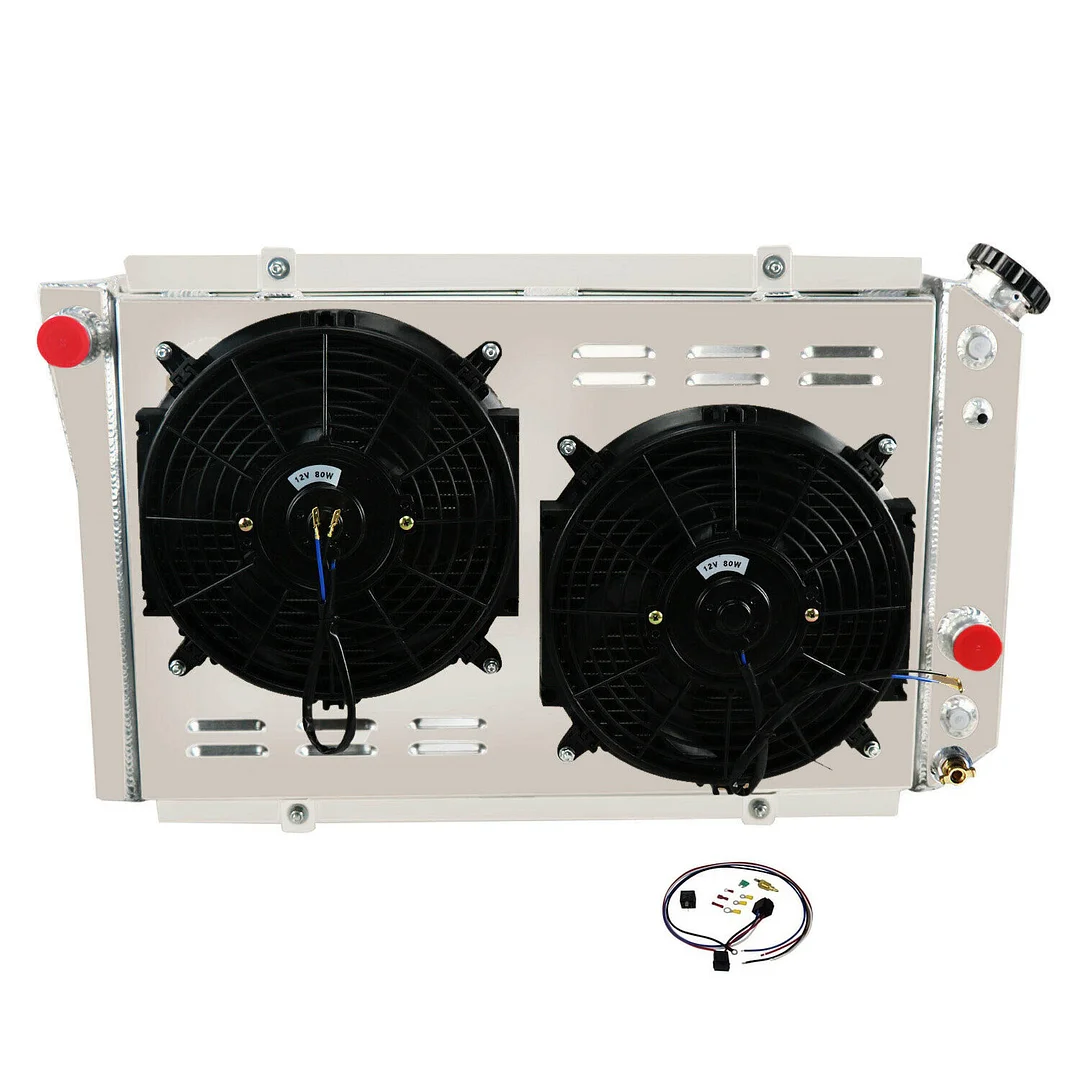 Alloyworks 4 Rows Aluminum Radiator with Shroud Fans for 1982-2002 84 CHEVY S10 S-10 Blazer Corvette 15 3/8" Height x 29 3/4" Width