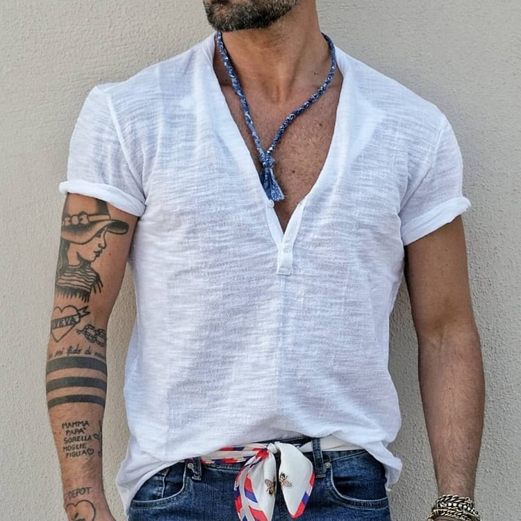Summer Men's Holiday Solid Color V-neck Casual Breathable T-Shirt