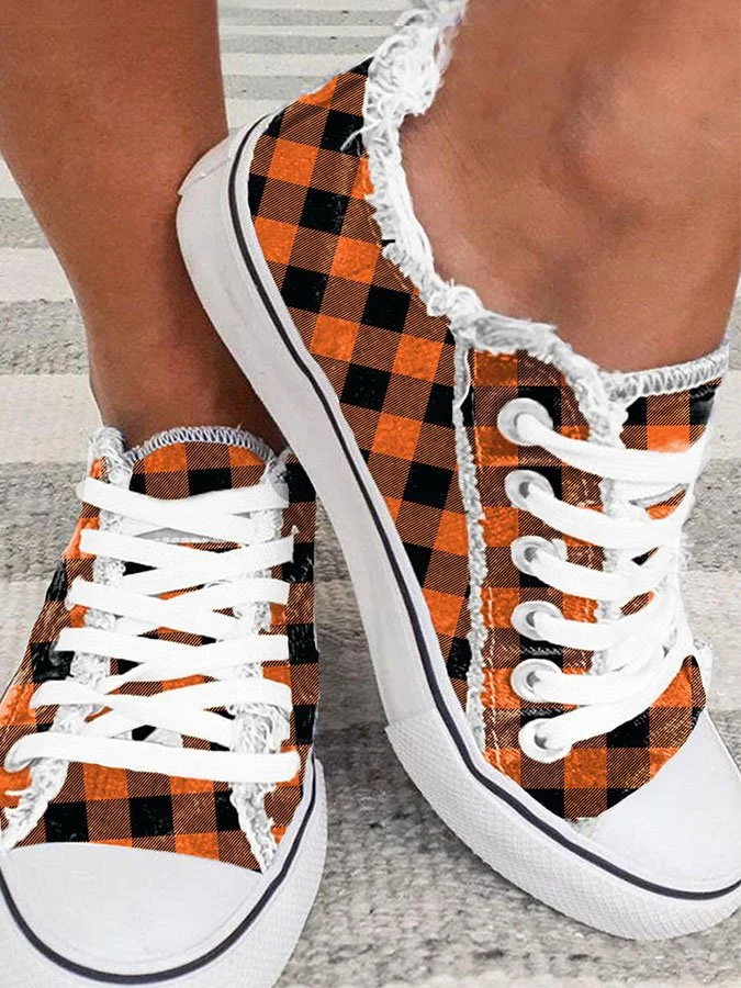 Plaid Print Frayed Sneakers socialshop