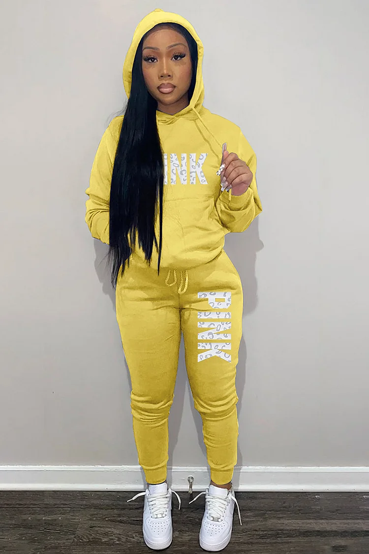 Letter Print Drawstring Pocket Hoodie Jogger Sporty Pants Matching Set