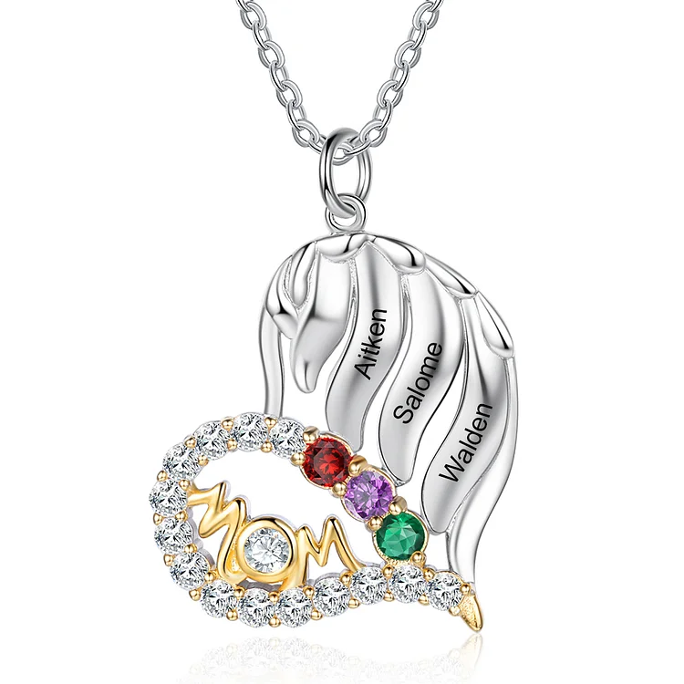 Collar "Mom" de corazón de plata 925 3 nombres y 3 piedras de nacimiento personalizados