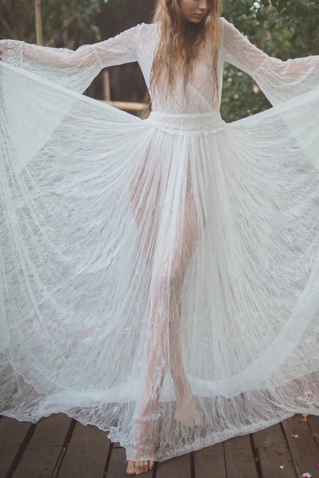 White V-Neck Bell Sleeve Maxi Dress - Shop Trendy Women's Clothing | LoverChic