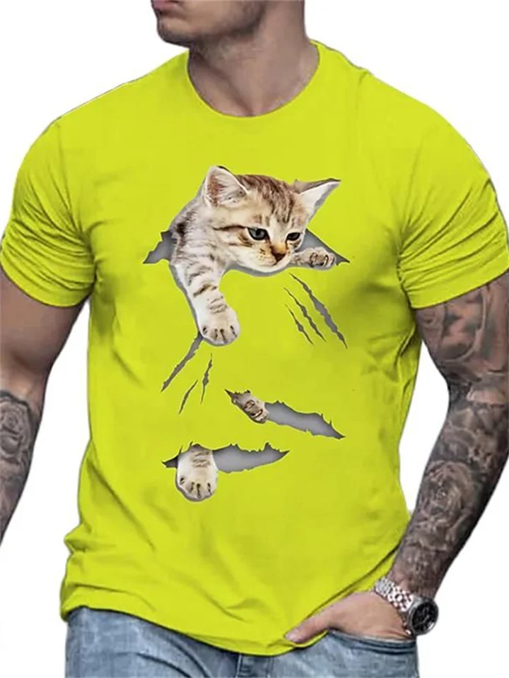 Animal Print 3D T-shirt Cute Cats Short-sleeved Men's Tops Yellow Black Gray-Cosfine