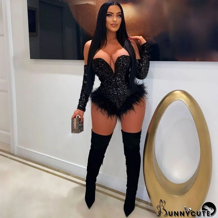 Women Sexy Feather Sequin Jumpsuit