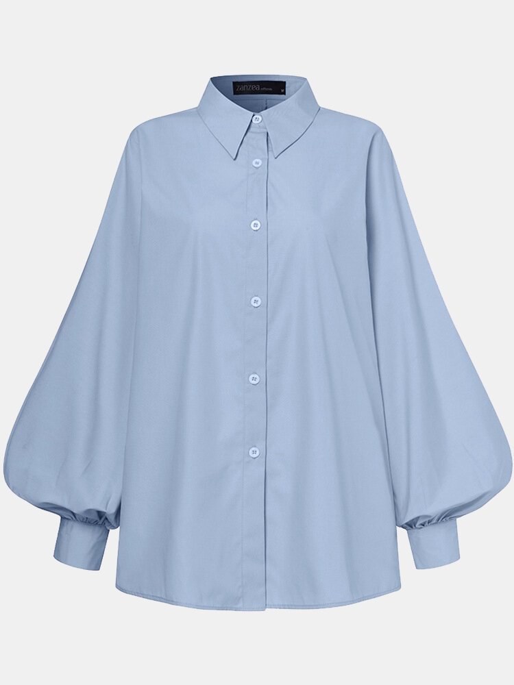 Women Solid Color Button Lapel Puff Long Sleeve Casual Shirt P1808523