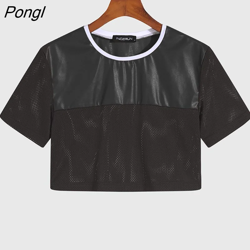Pongl Men Crop Tops Patchwork See Through Sexy Short Sleeve T Shirts Streetwear 2023 Party Nightclub Men Clothing INCERUN 5XL