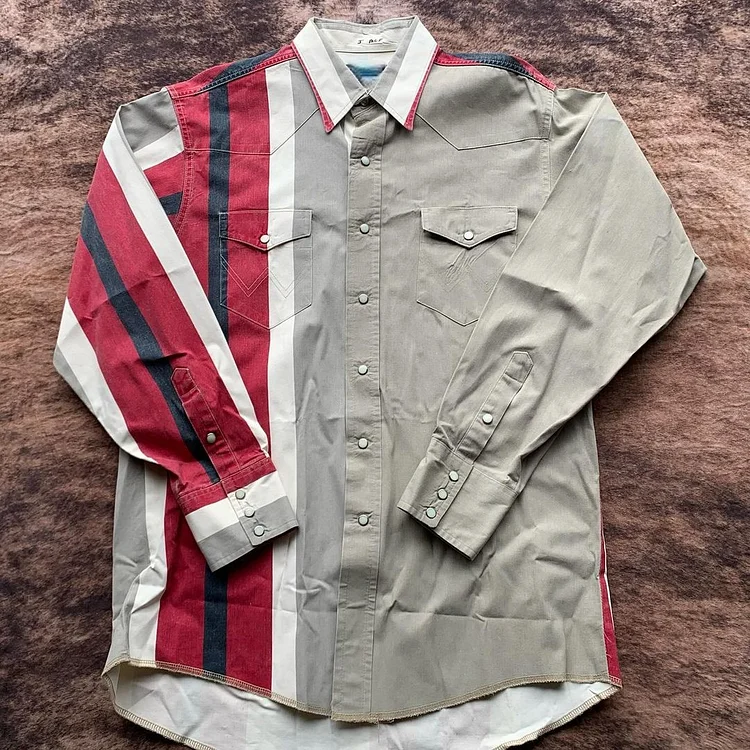 Men's Vintage Western Red and Grey Stripe Shirt