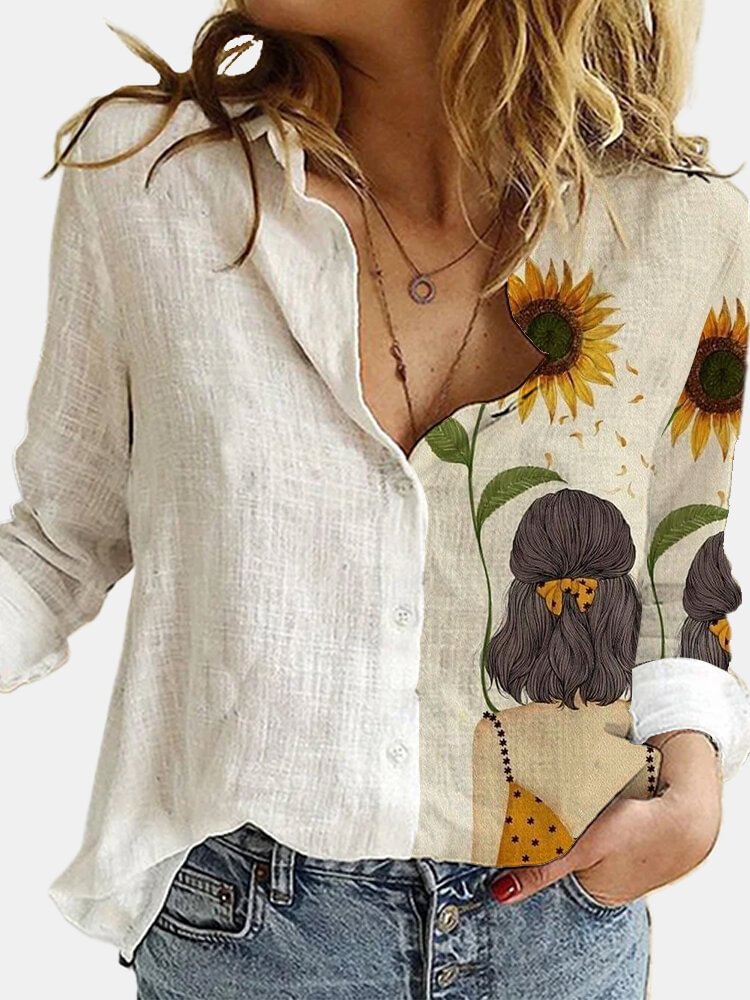 Girl Sunflower Printed Long Sleeve Turn down Collar Patchwork Blouse For Women P1729120