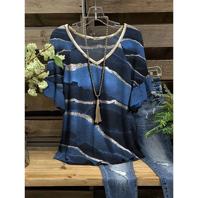 V-Neck Printed Ruffle Short Sleeve T-Shirt socialshop