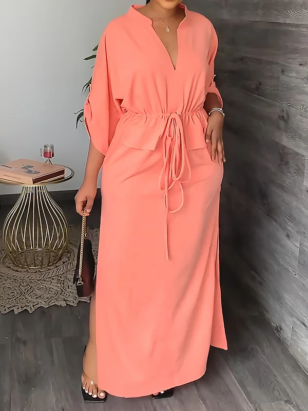 Loose Drawstring Solid Color Split-Side V-Neck Maxi Dresses