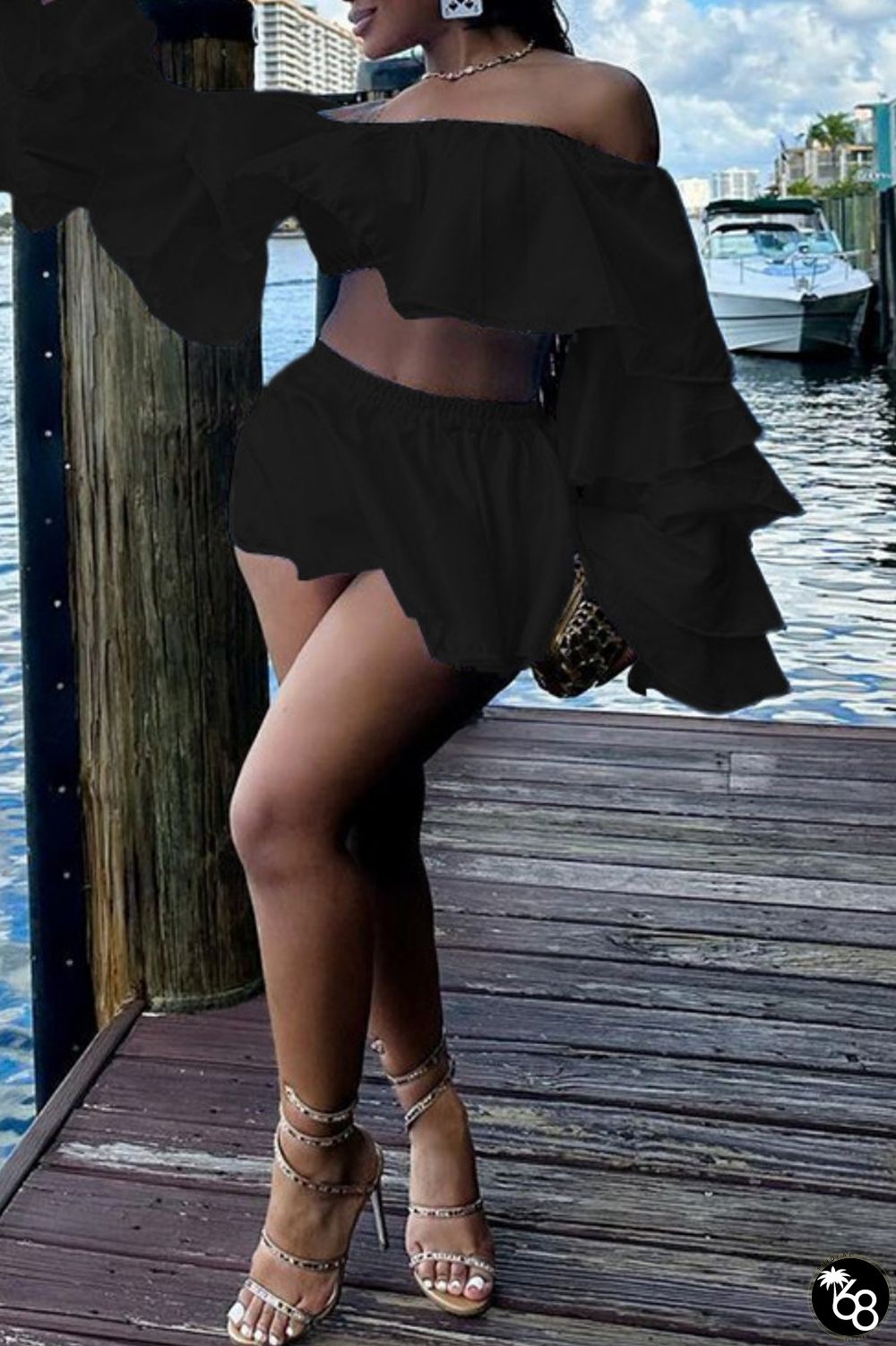 Black Sexy Casual Solid Patchwork Backless Off the Shoulder Long Sleeve Two Pieces | 168DEAL