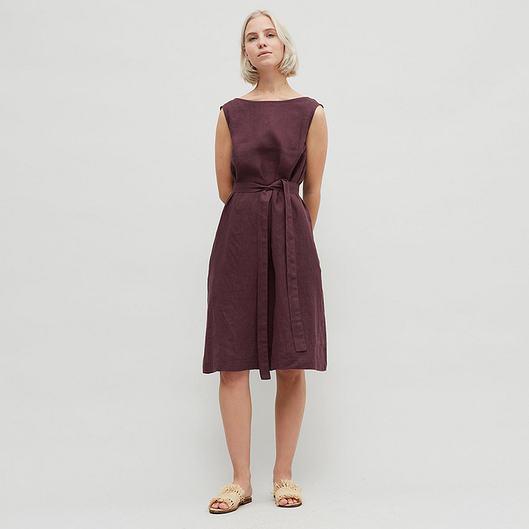 Sleeveless Midi Linen Dress With Waist Tie-ChouChouHome