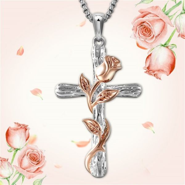 Sterling Silver Rose Cross Necklace