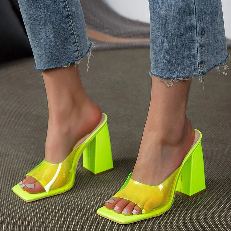 Neon Yellow Square Toe Mules Shoes Classic Office Block Heel Sandals |FSJ Shoes