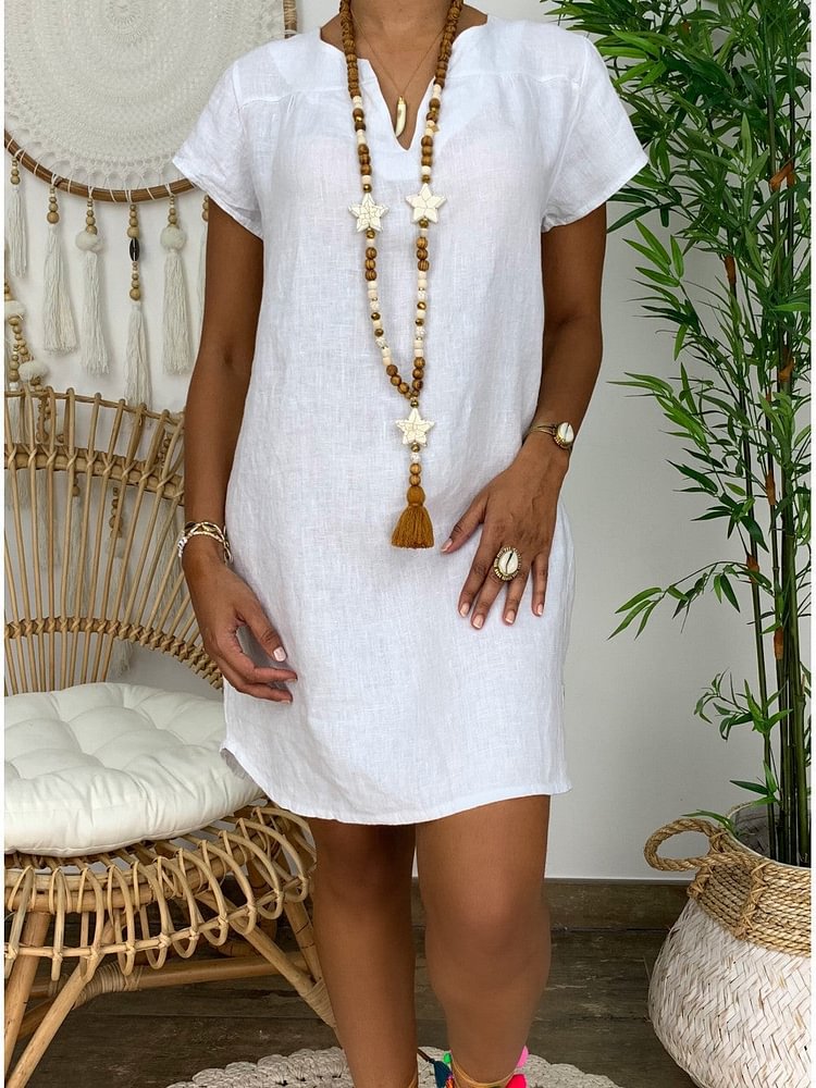 Solid Color Short Sleeve V-Neck Comfort Dress