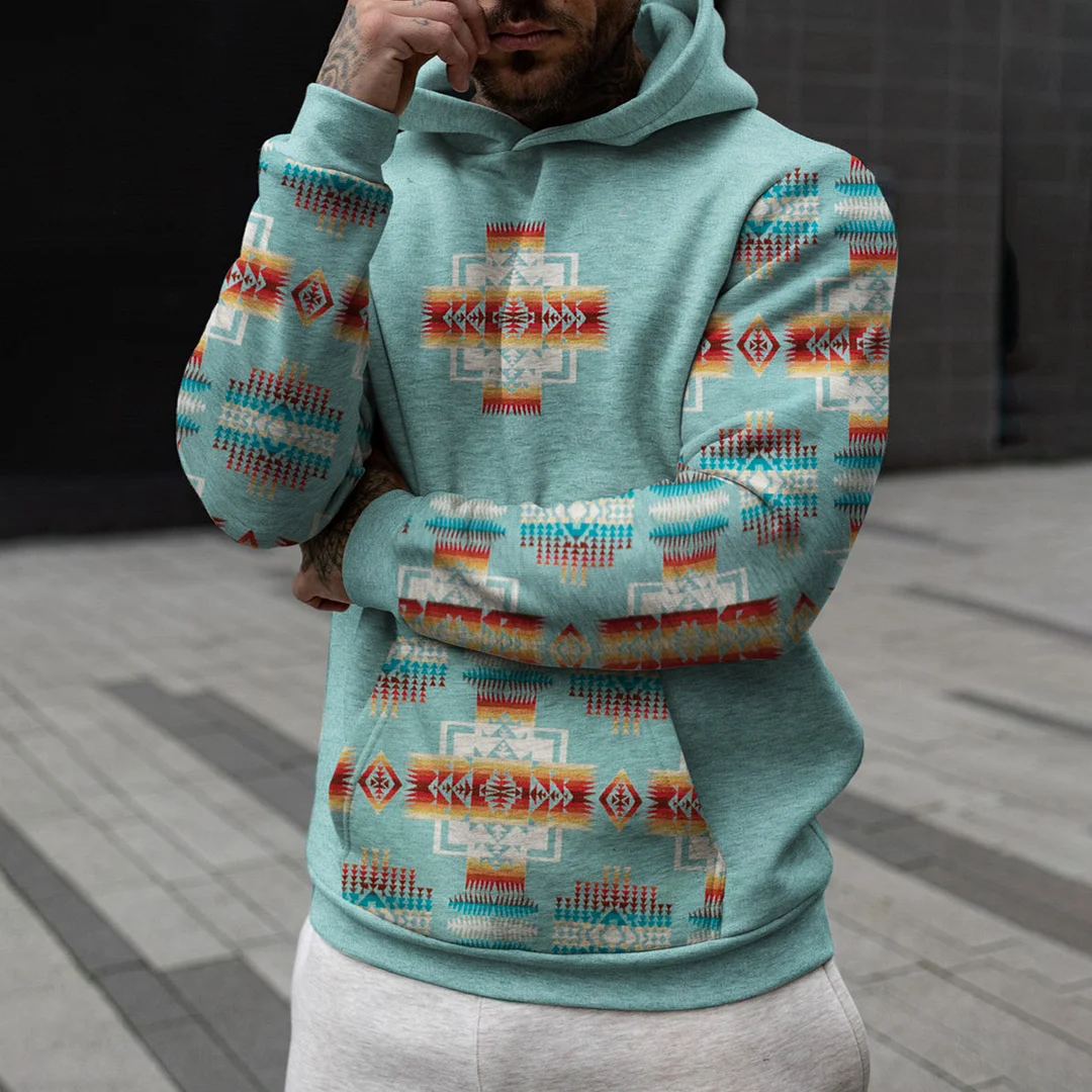 Vintage Men's Casual Western Ethnic Geometric Print Hooded Sweatshirt