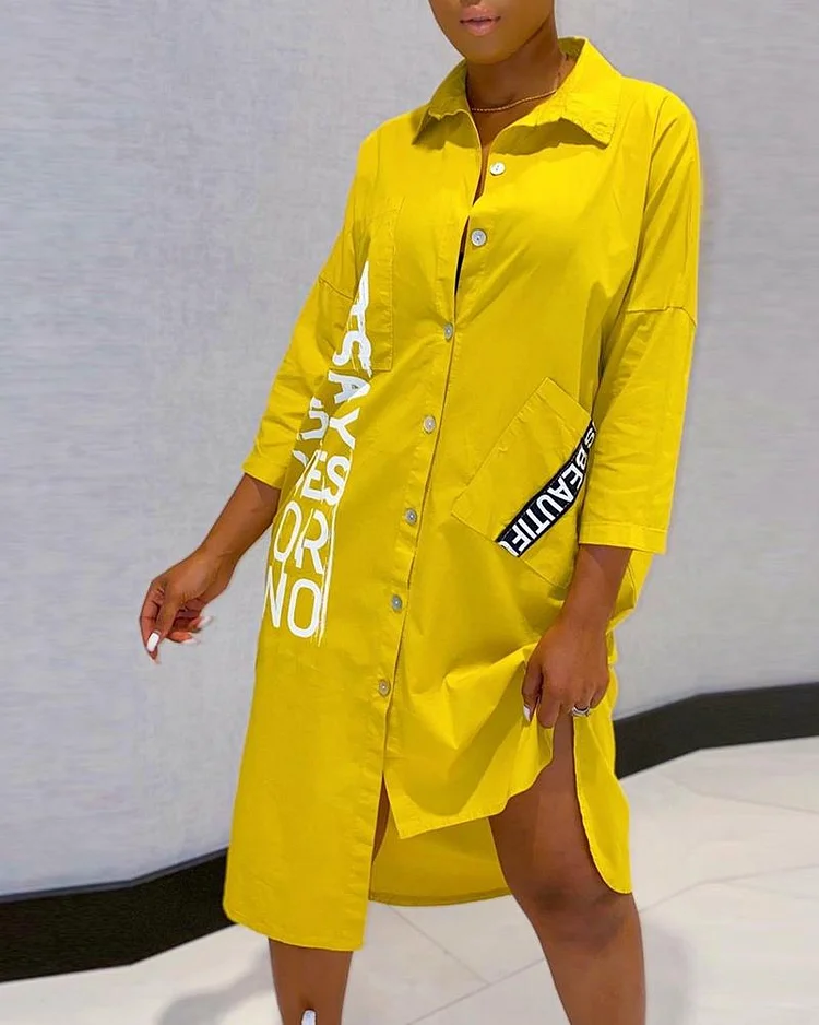 Letter Print Buttoned Pocket Design Shirt Dress