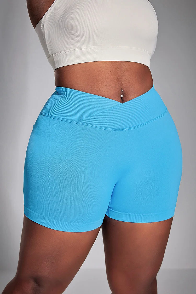 Plus Size Sport Short Blue Crossover Cycling Mid Waist Short [Pre-Order]