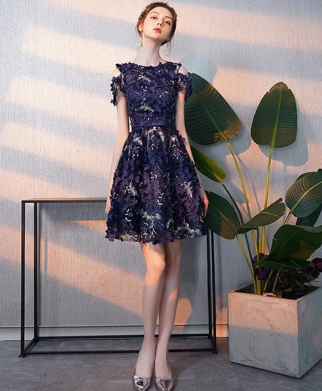 Cute Dark Blue Lace Short Prom Dress, Blue Homecoming Dress