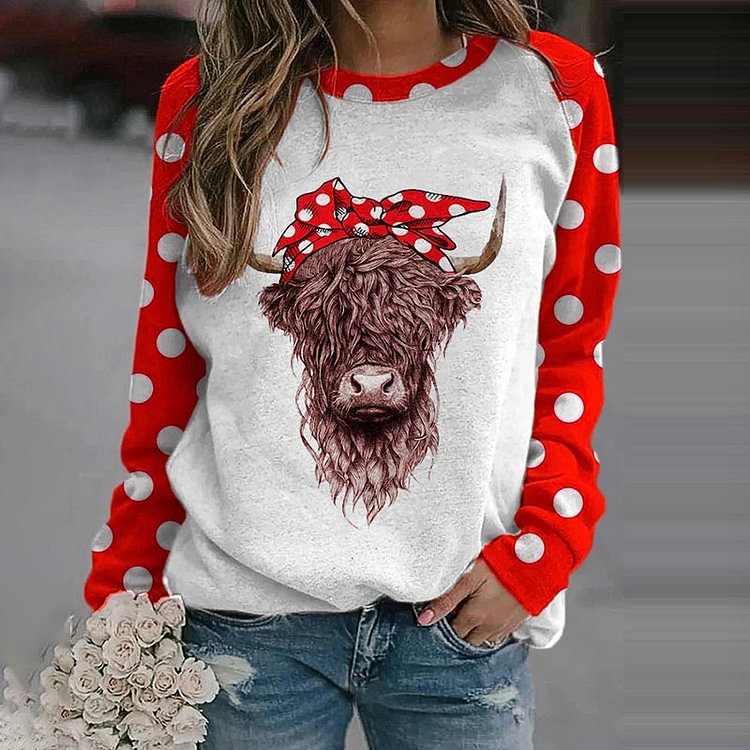 VChics Western Highland Cow Polka Dot Print Sweatshirt