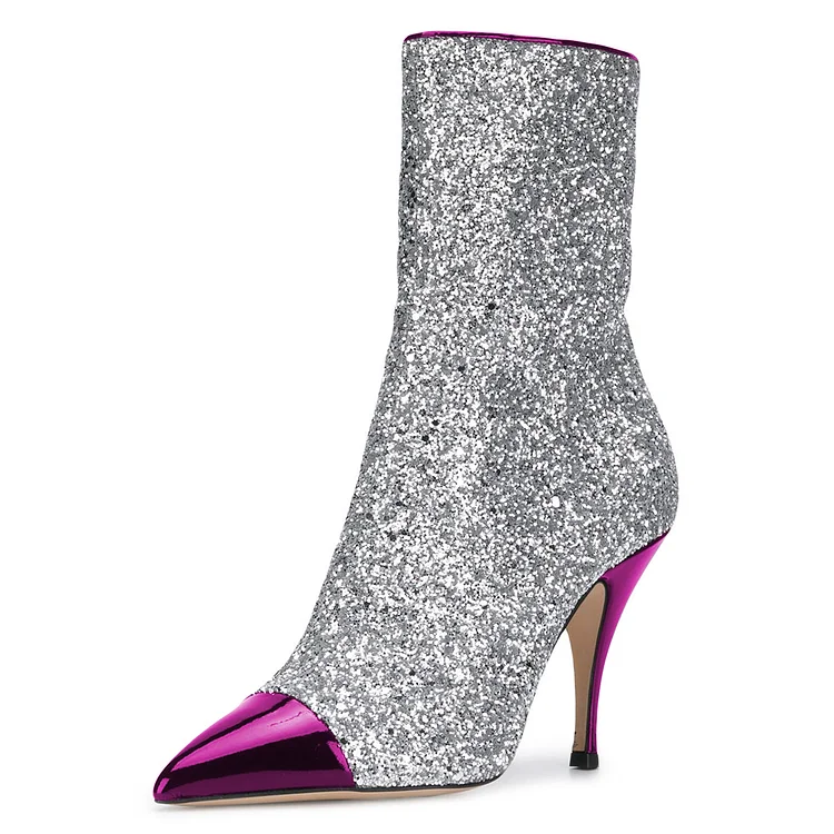 FSJ Purple and Silver Glitter Pointy Toe Fashion Ankle Boots |FSJ Shoes