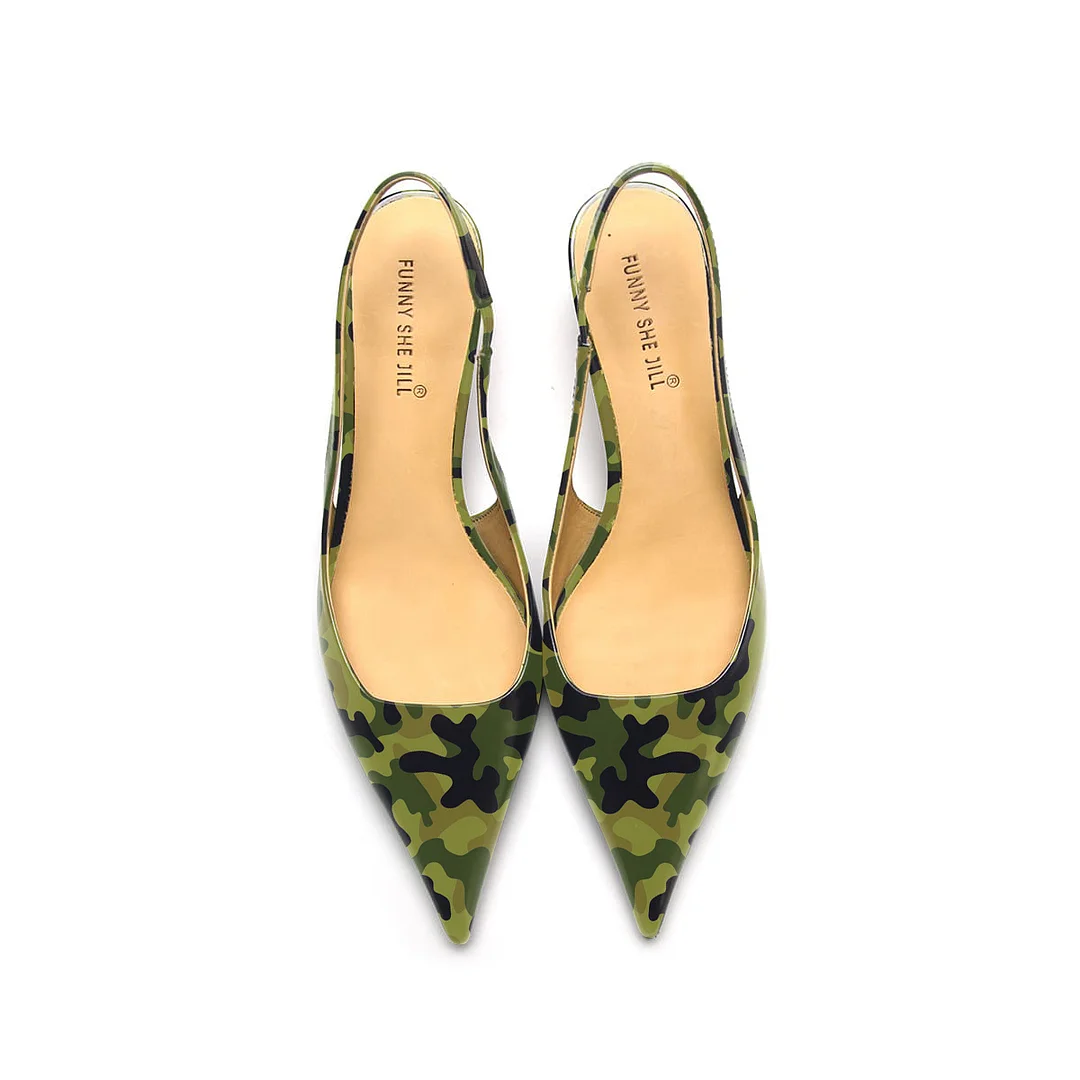 Green Camouflage Print Pointed Toe Kitten Heel Slingback Pumps Nicepairs