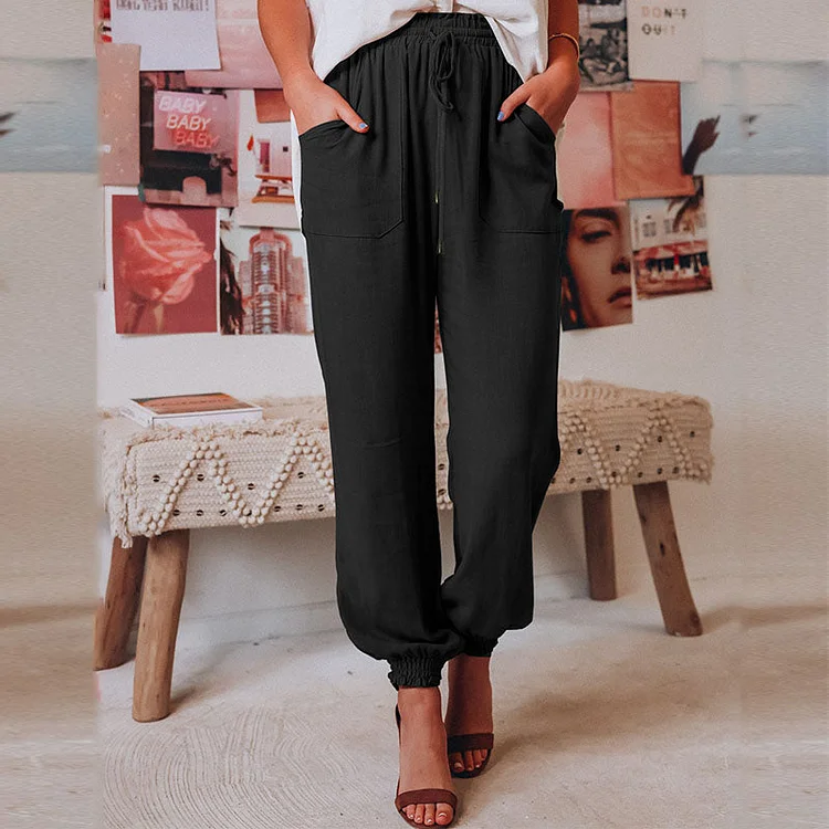 Solid Color Rayon Comfort Casual Trousers Drawstring Elastic Waist Harem Pants socialshop