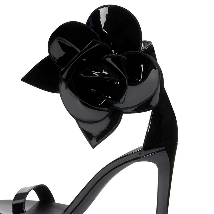 Black Patent Leather Flower Embellished Ankle Strap Evening Shoes |FSJ Shoes