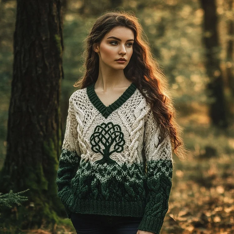 Women's Celtic Knotted Tree Of Life Jacquard V-neck Ombre Sweater