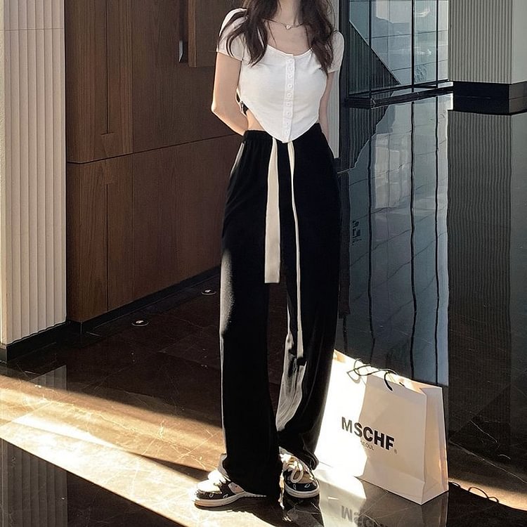 High-Waist Wide-Leg Pants / Short-Sleeve Cropped T-Shirt YP3007