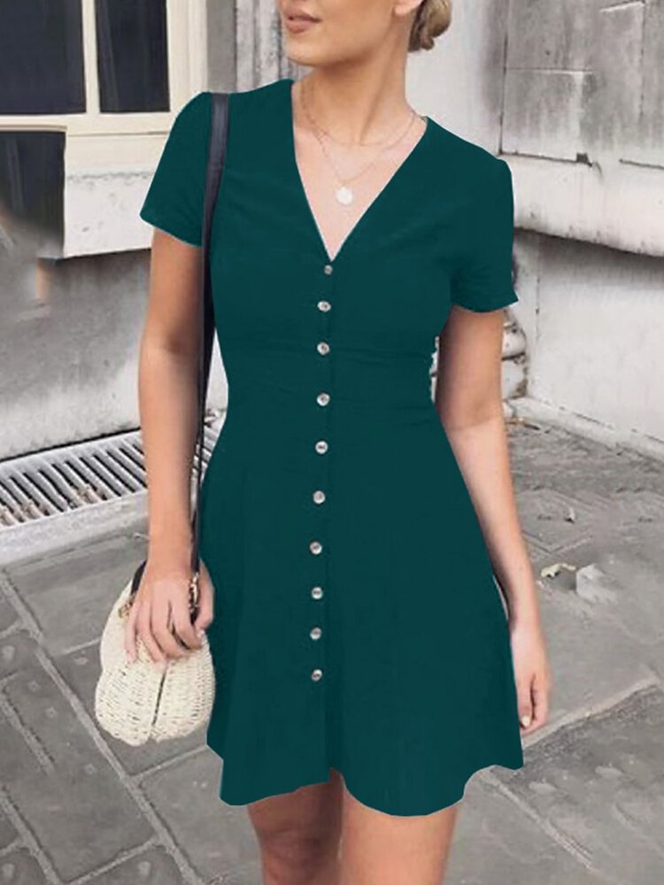 Vacation Solid Short Sleeve V-neck Button Cotton Dress