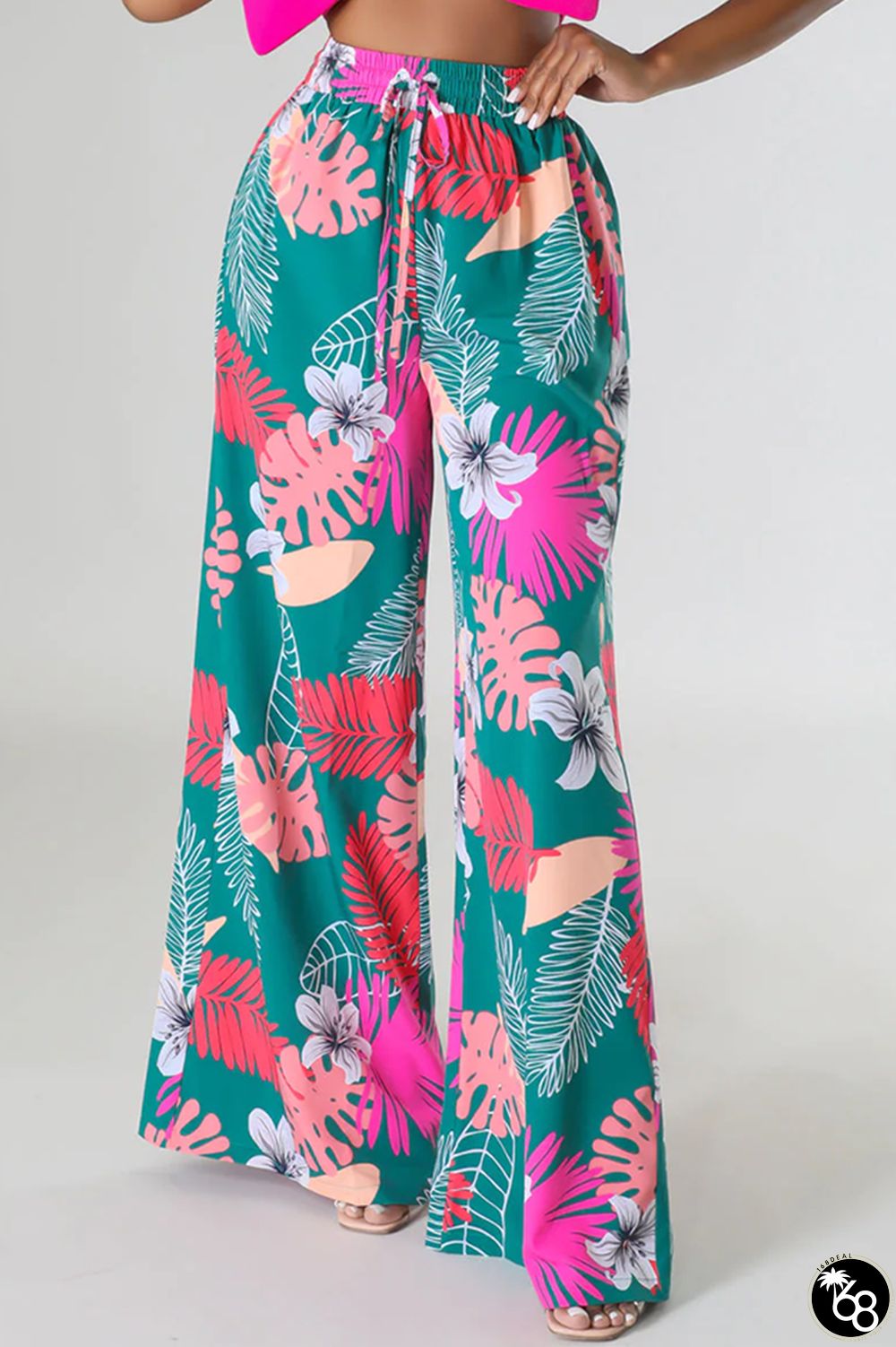 Green Casual Print Patchwork Straight High Waist Wide Leg Full Print Bottoms | 168DEAL